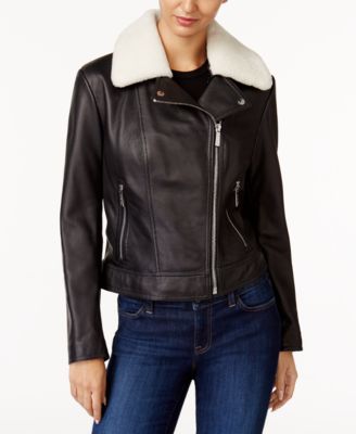 Michael Kors - Leather Shearling-Collar Moto Jacket