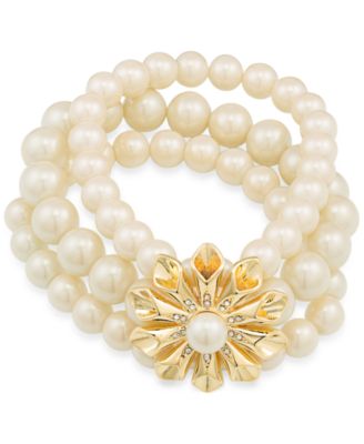 Carolee - Gold-Tone Pav&eacute; & Imitation Pearl Flower Stretch Bracelet