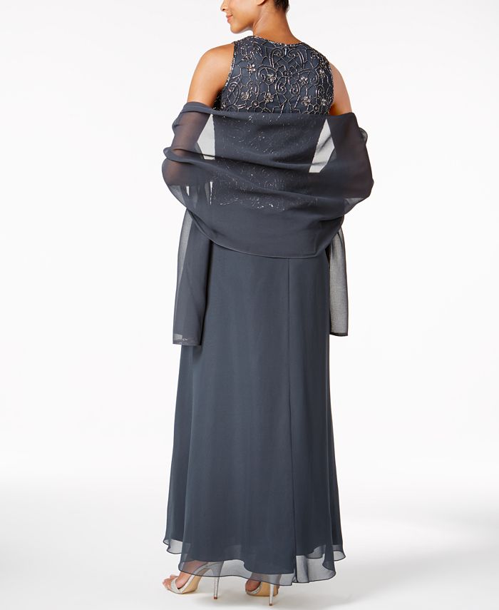 j kara beaded gown and chiffon scarf