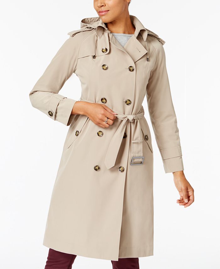 London Fog Hooded Petite Double-Breasted Trench Coat - Macy's