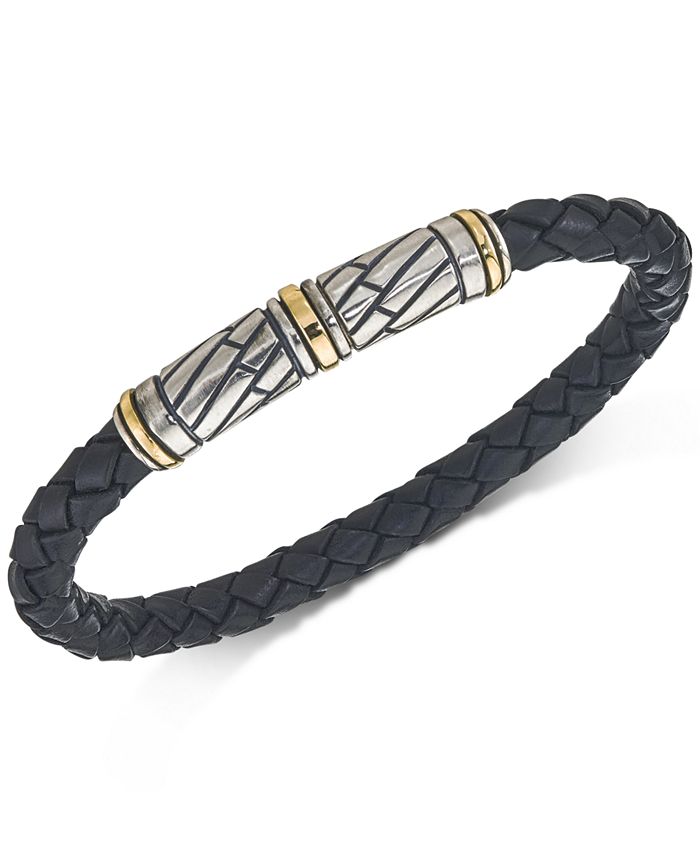 Esquire Men's Jewelry Black Woven Leather Bracelet in Sterling Silver