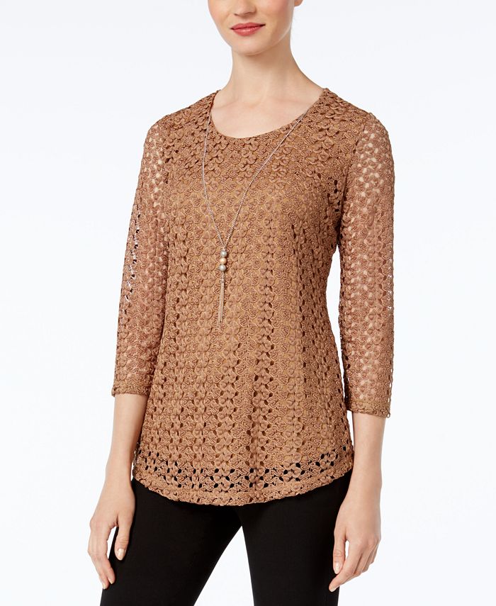 JM Collection Petite Crochet Top with Necklace, Created for Macy's - Macy's