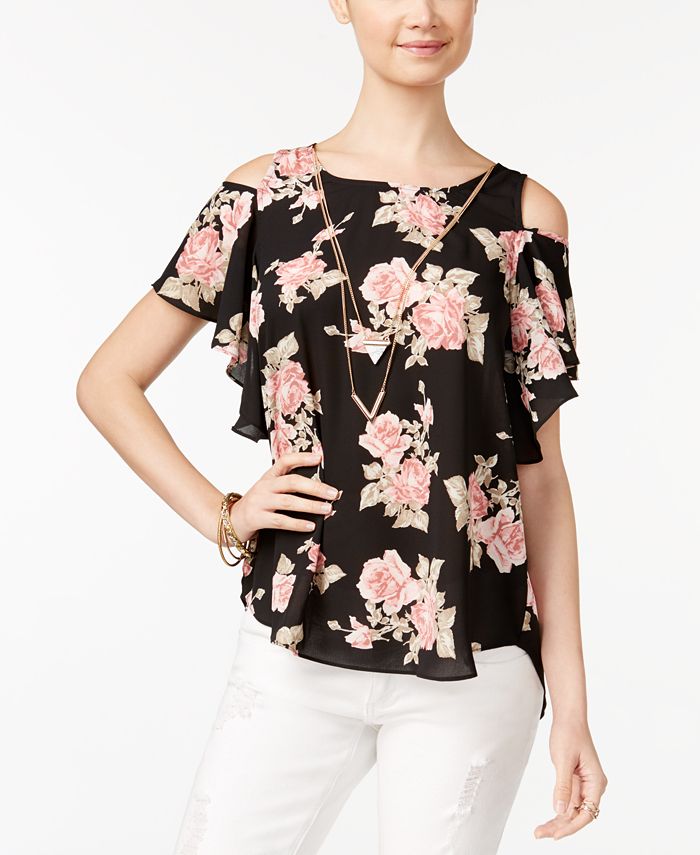 BCX Juniors' Printed Cold-Shoulder Top With Necklace - Macy's