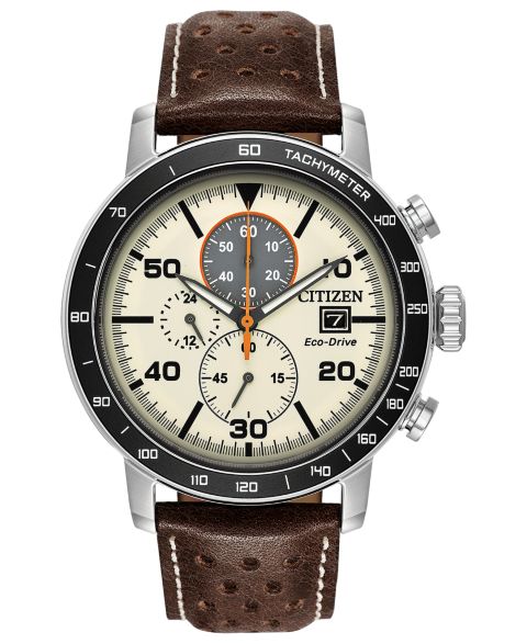 Мужские часы Citizen Eco-Drive Chronograph Brown Leather Strap Watch 44mm