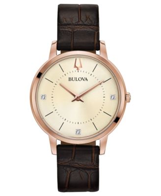 Bulova - Women's Diamond-Accent Brown Leather Strap Watch 36mm