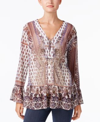 Cocoa Floral Lace Up Peasant Top