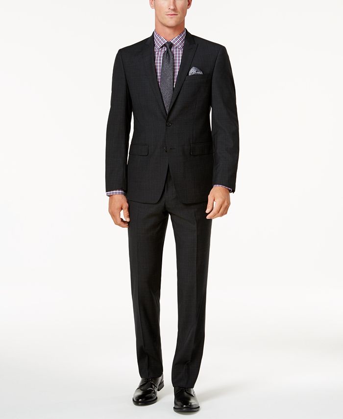 Tallia Men's Slim-Fit Black Mini-Grid Peak-Lapel Wool Suit - Macy's