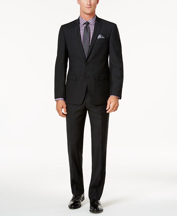 Tallia Men's Slim-Fit Black Mini-Grid Peak-Lapel Wool Suit & Reviews ...