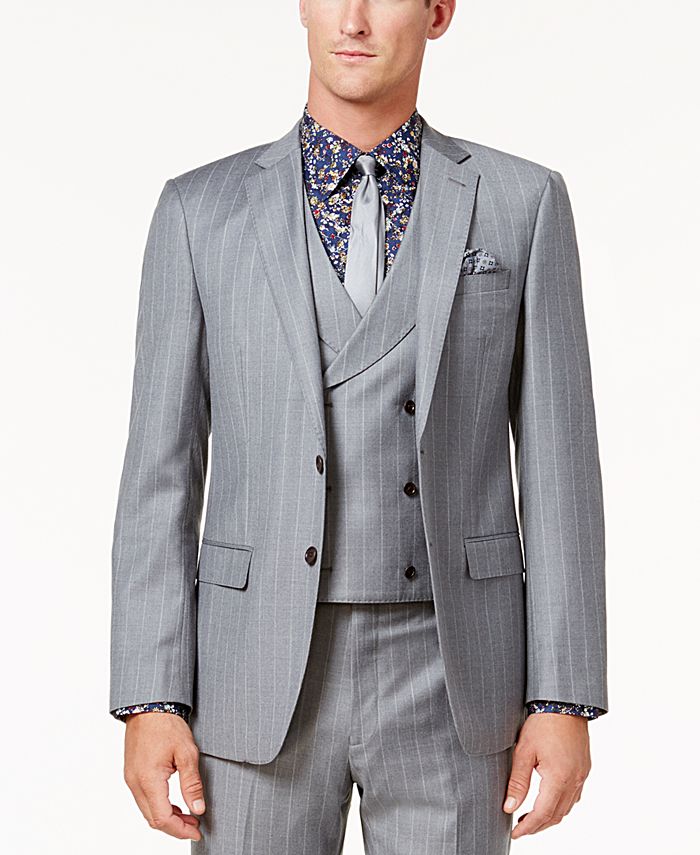 Tallia Men's SlimFit Light Gray Wide Pinstripe Vested Wool Suit Macy's