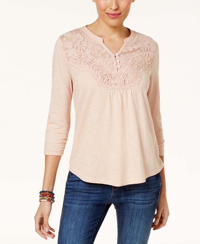 Style & Co Embroidered Illusion Henley, Created for Macy's - Macy's