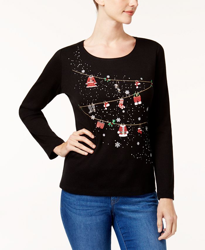 Karen Scott Petite Cotton Holiday Graphic Top, Created for Macy's ...