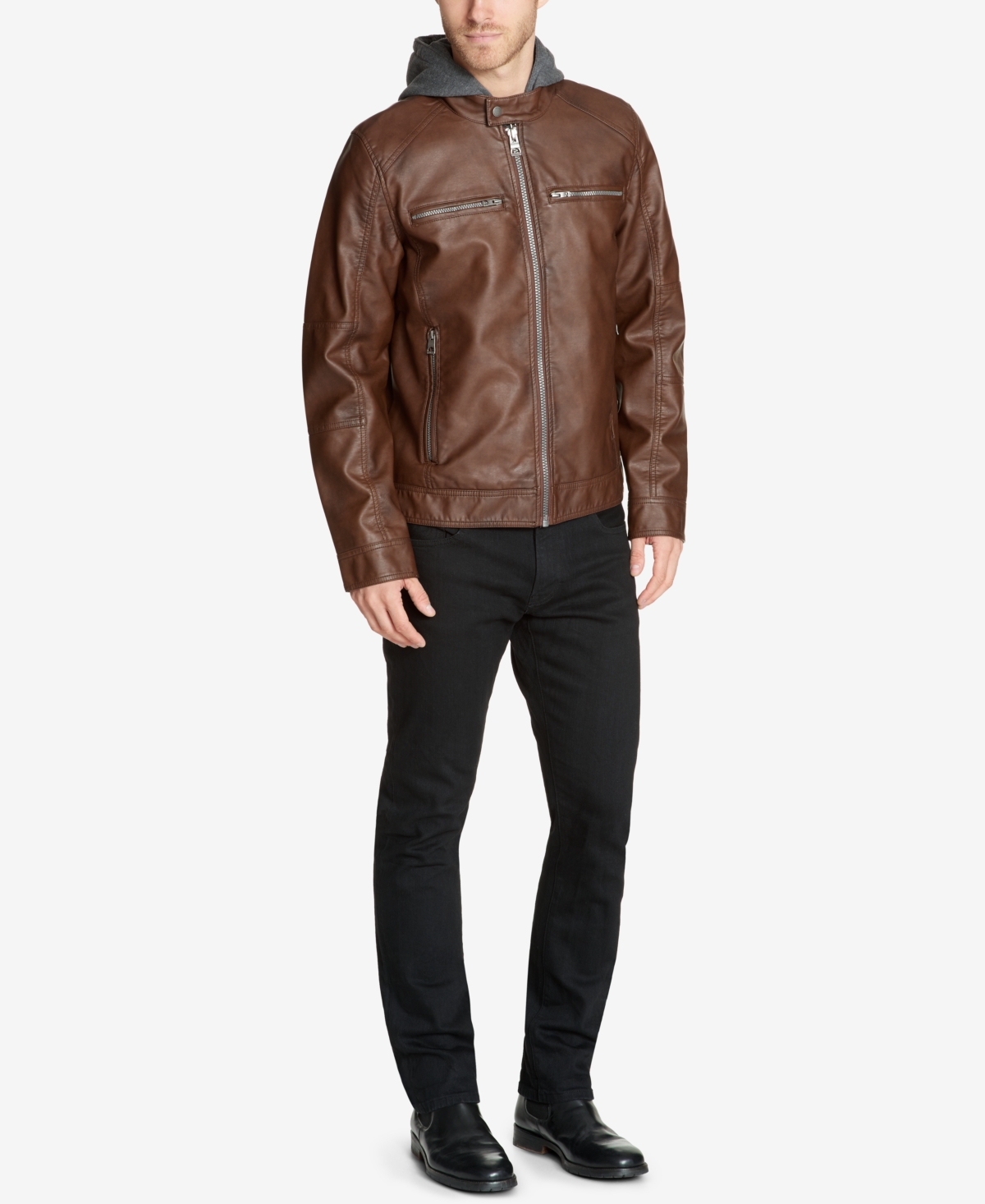 Guess Men's Faux-Leather Detachable-Hood Motorcycle Jacket