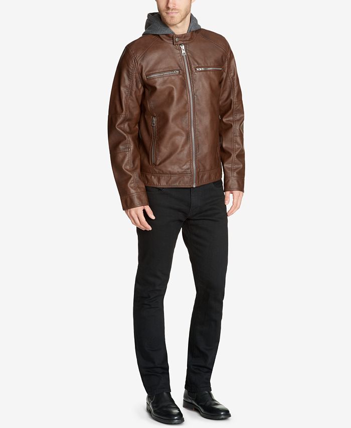GUESS Men s Faux Leather Detachable Hood Motorcycle Jacket Macy s