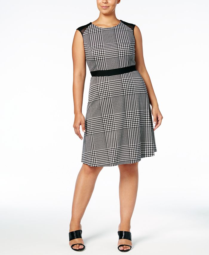 Calvin Klein Plus Size Houndstooth Mesh-Trimmed Fit & Flare Dress - Macy's