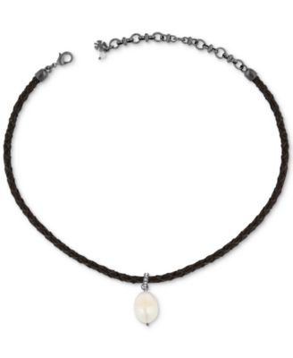 Lucky Brand - Silver-Tone Imitation Pearl Braided Leather Choker Necklace