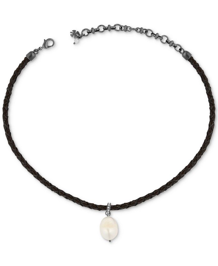 Lucky Brand Silver Tone Imitation Pearl Braided Leather Choker