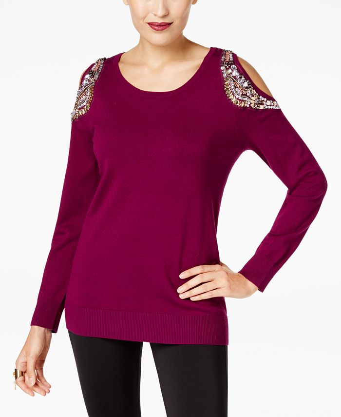 Thalia Sodi Embellished Cold-Shoulder Sweater, Created for Macy's - Macy's