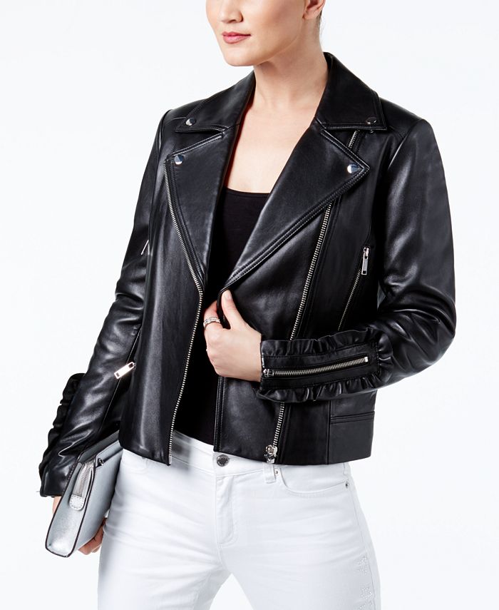 Michael Kors Ruffled Leather Biker Jacket - Macy's