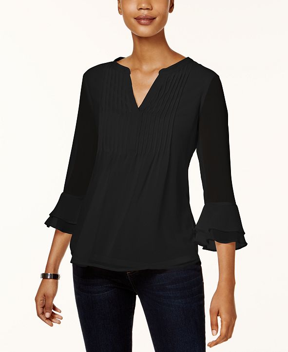 Charter Club Women's Double Ruffle Textured Pintuck Top Black Size Petite Small