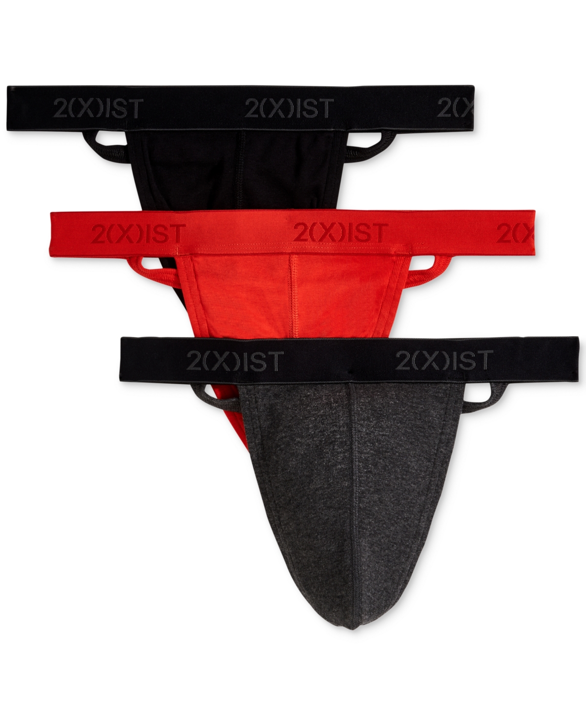 2(x)ist Men's 3-Pk. Cotton Essential Y-Back Thongs - Black/ Charcoal Heather/ Poppy Red