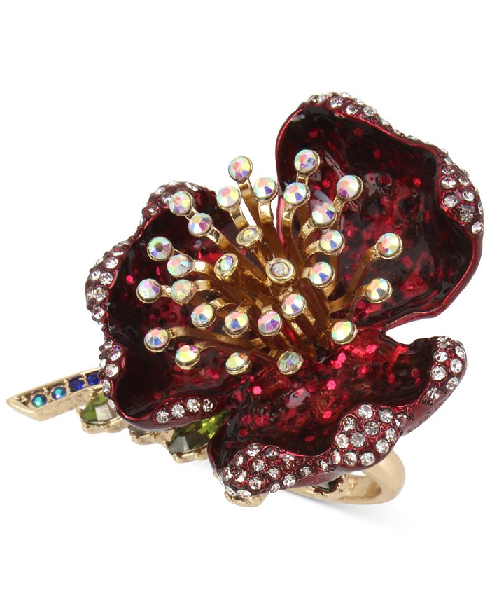 Betsey Johnson Gold-Tone Multi-Stone Flower Ring - Macy's