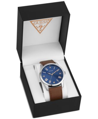 GUESS Men's Diamond-Accent Brown Leather Strap Watch 42mm, Created