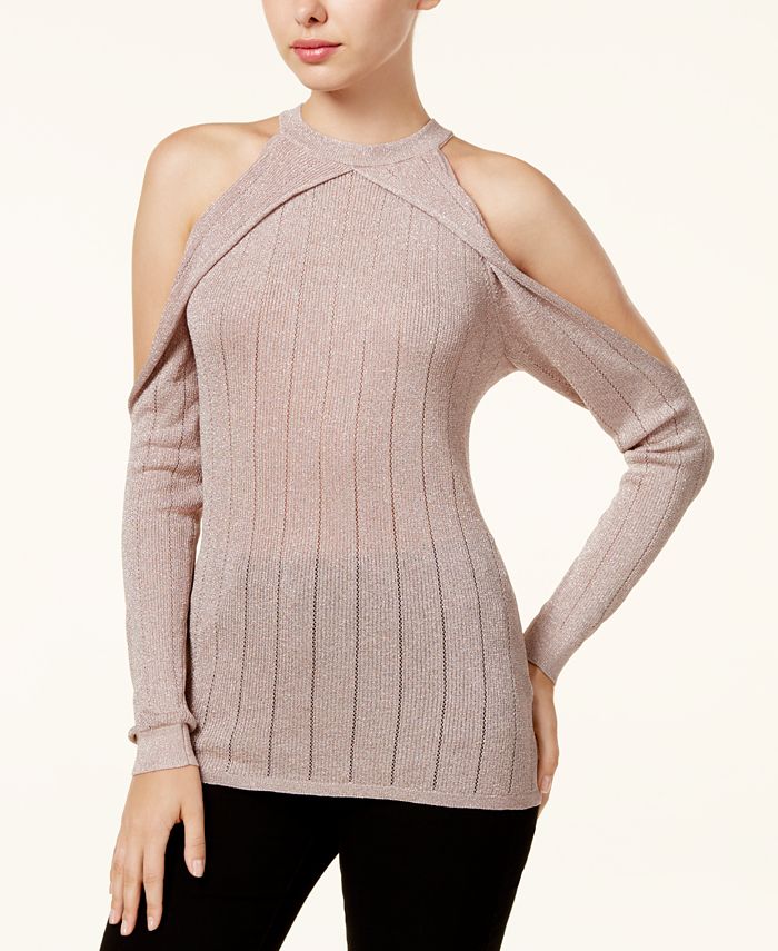 GUESS Sera Sheer Metallic Cold Shoulder Sweater Macy s