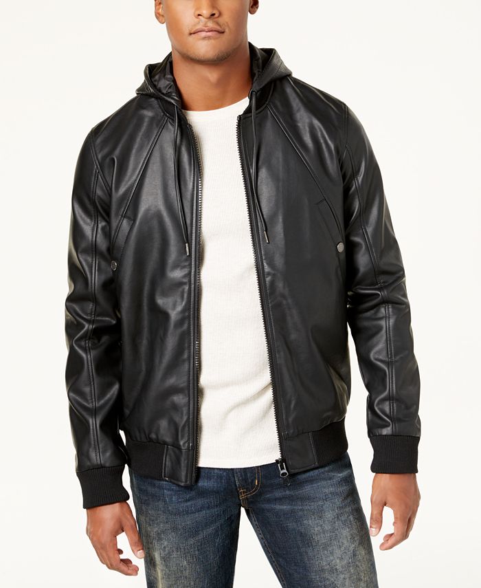 LRG Men's Faux-Leather Hooded Bomber Jacket - Macy's