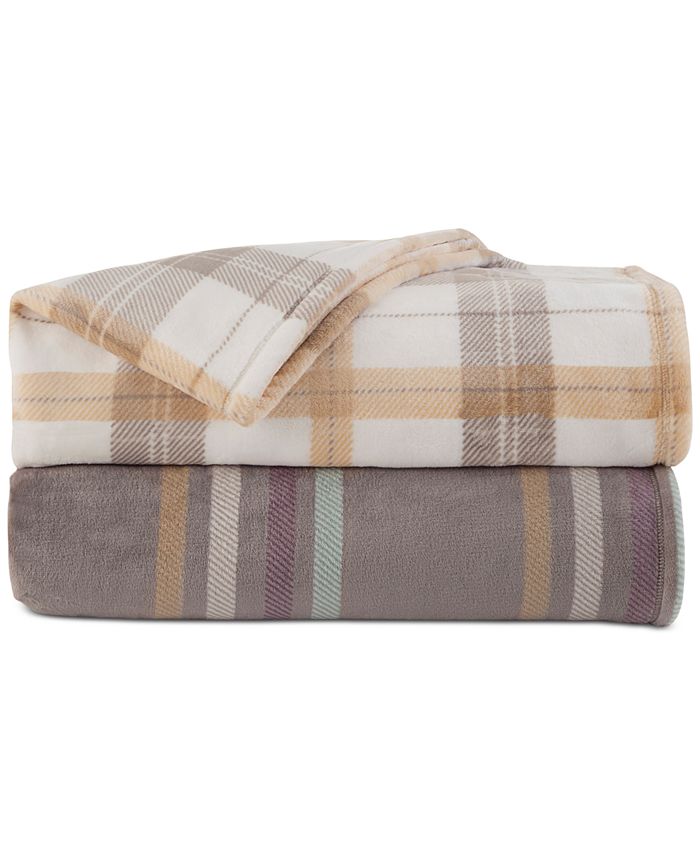 Vellux Allen Plaid Printed Tan Full/Queen Plush Blanket Macy's