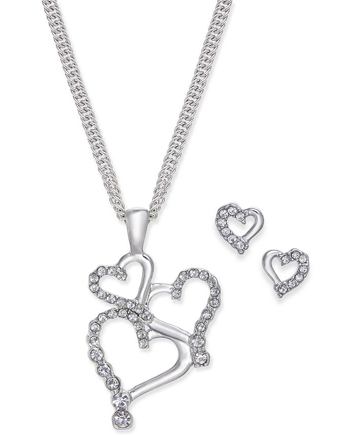 Charter Club Silver-Tone Pavé Heart Pendant Necklace and Stud Earrings ...