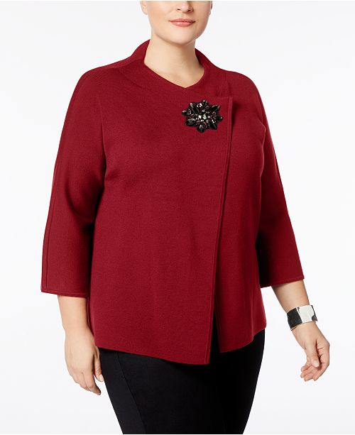 JM Collection Plus Size Asymmetrical Brooch Cardigan, Created for Macy