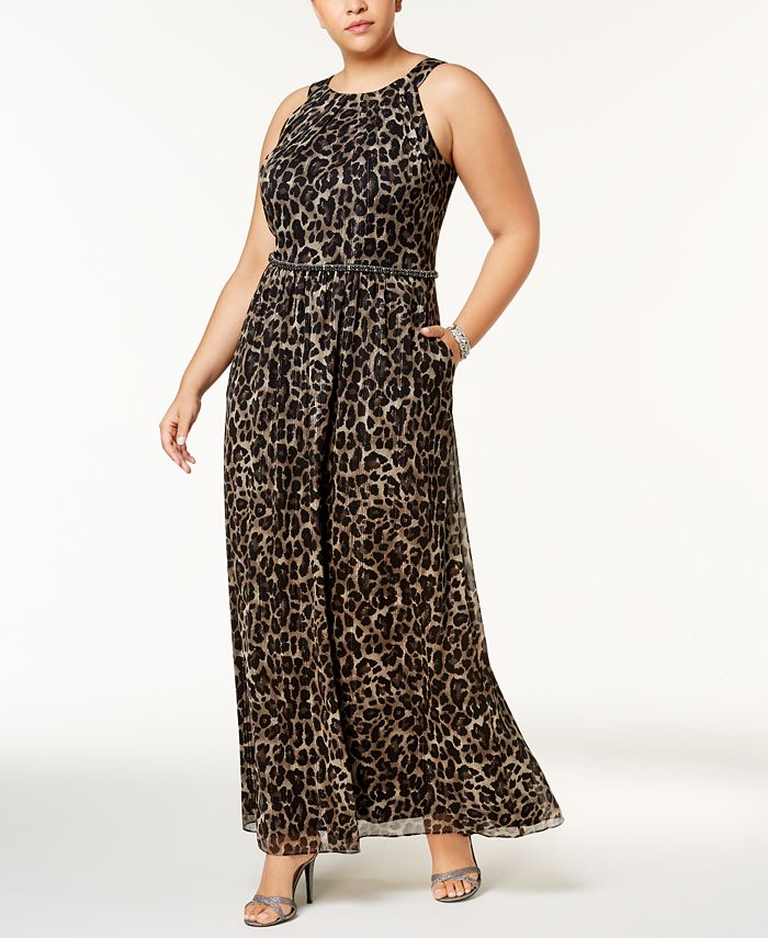 SL Fashions Plus Size Embellished Metallic-Stripe Printed Dress - Macy's