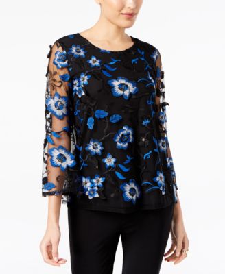 Alfani - Floral-Embroidered Mesh Top
