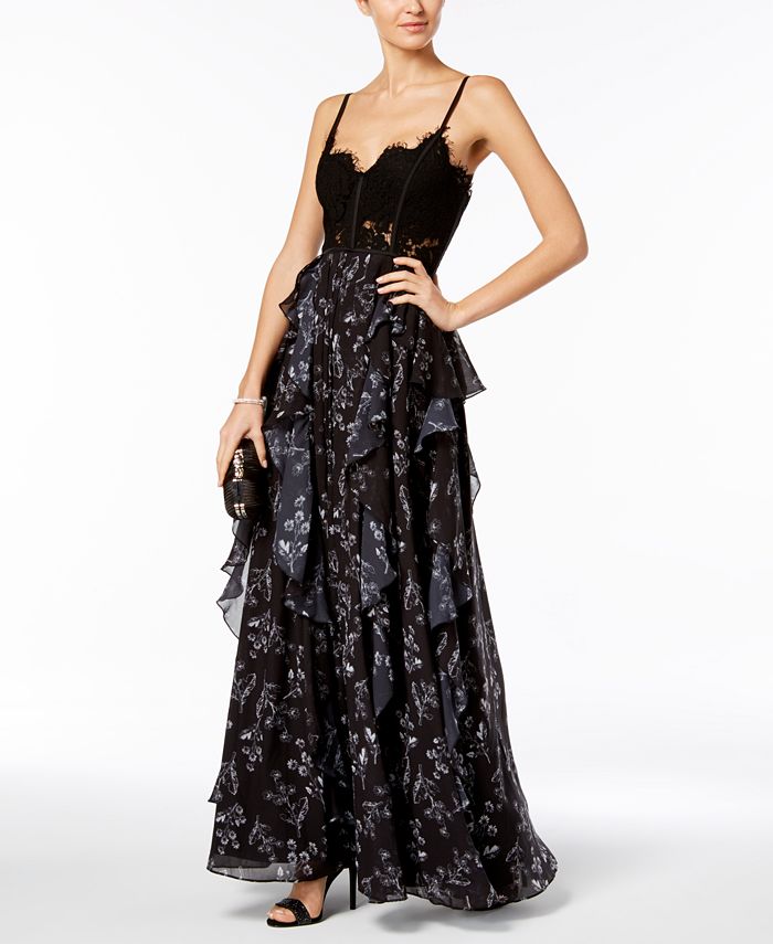 Fame and Partners Lace & Floral-Print Ruffle Gown - Macy's