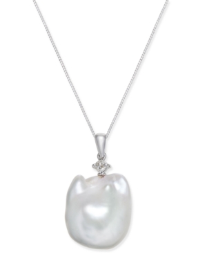 image of Cultured White Baroque Freshwater Pearl (16mm) and Diamond (1/10 ct. t.w.) Pendant Necklace in 14k White Gold