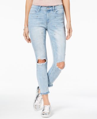Indigo Rein - Juniors' Jeweled Raw-Edged Skinny Ankle Jeans