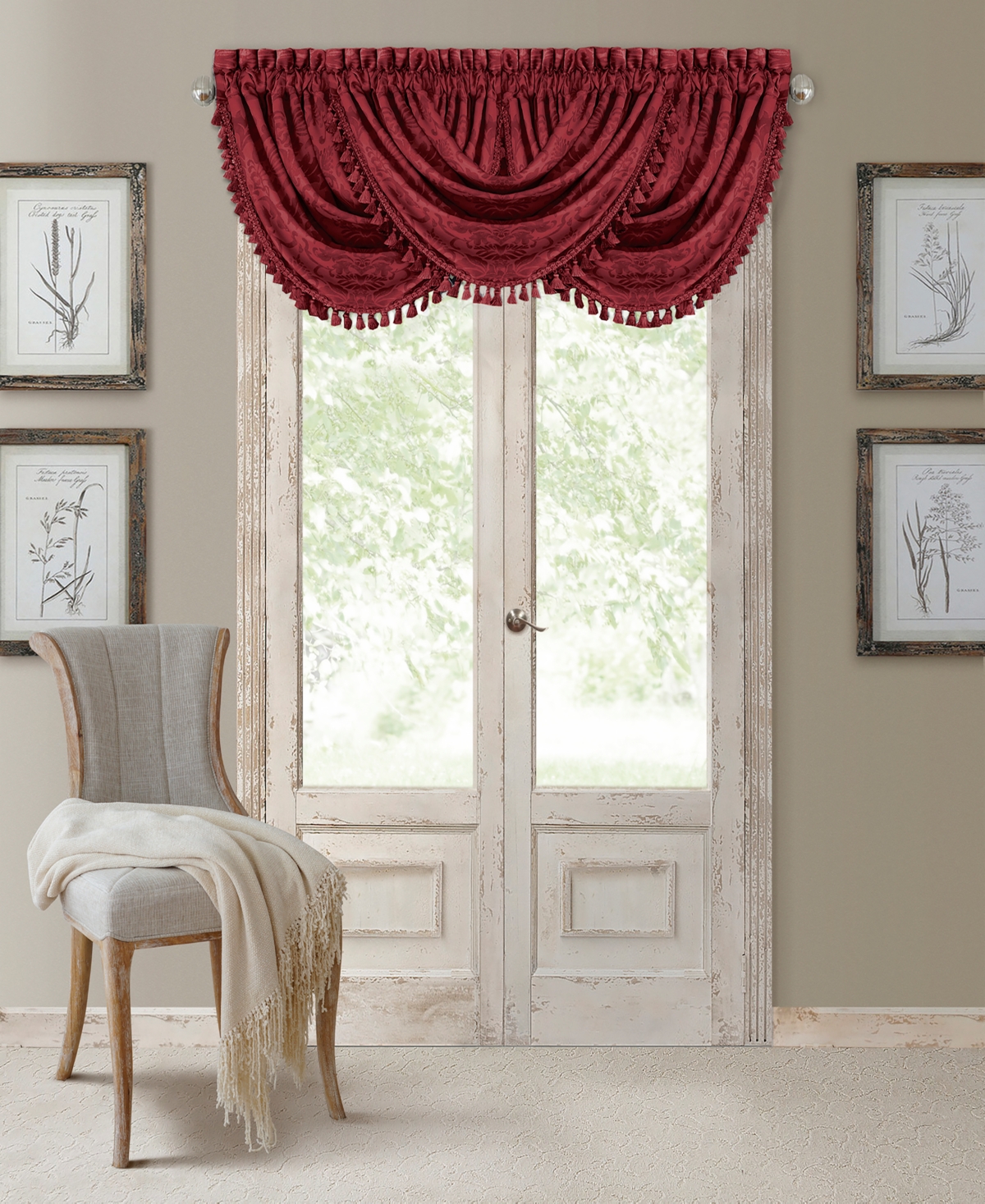 Home Fashions Antonia Damask Print Waterfall Tassel Window Valance - Taupe