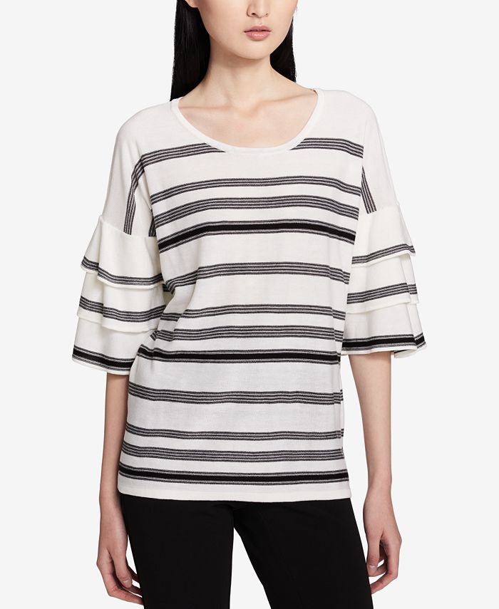 Striped Eyelet Ruffled Sleeve Sweater Sweater Vest