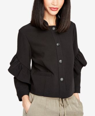 RACHEL ROY Womens Black Ruffled Animal Print Long Sleeve Jewel Neck Top main image 1
