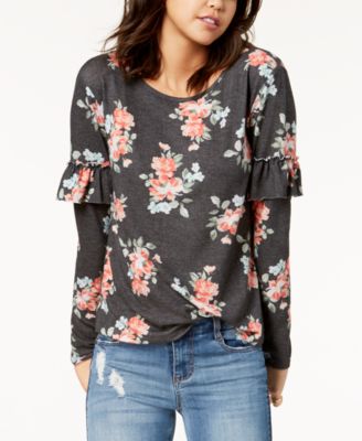 Ultra Flirt - Juniors' Ruffle-Trimmed Marled T-Shirt