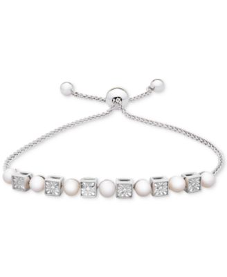 Macy's - Cultured Freshwater Pearl (4-1/2mm) & Diamond Accent Bolo Bracelet in Sterling Silver