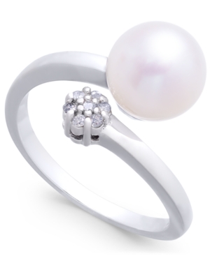 image of Cultured Freshwater Pearl (8mm) & Diamond Accent Bypass Ring in 14k White Gold