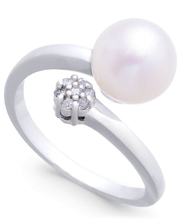Macy's - Cultured Freshwater Pearl (8mm) & Diamond Accent Bypass Ring in 14k White Gold