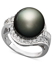 14k White Gold Ring, Cultured Tahitian Pearl (12mm) and Diamond (5/8 ct. t.w.) Ring