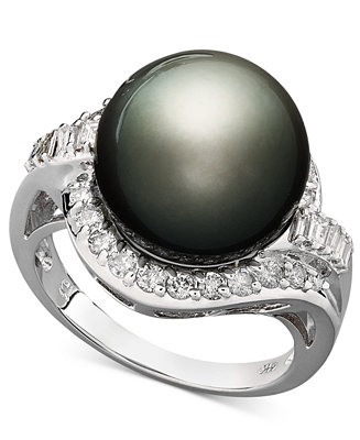Macy's 14k White Gold Ring, Cultured Tahitian Pearl (12mm) and Diamond ...