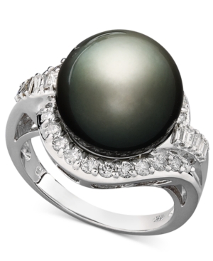image of 14k White Gold Ring, Cultured Tahitian Pearl (12mm) and Diamond (5/8 ct. t.w.) Ring