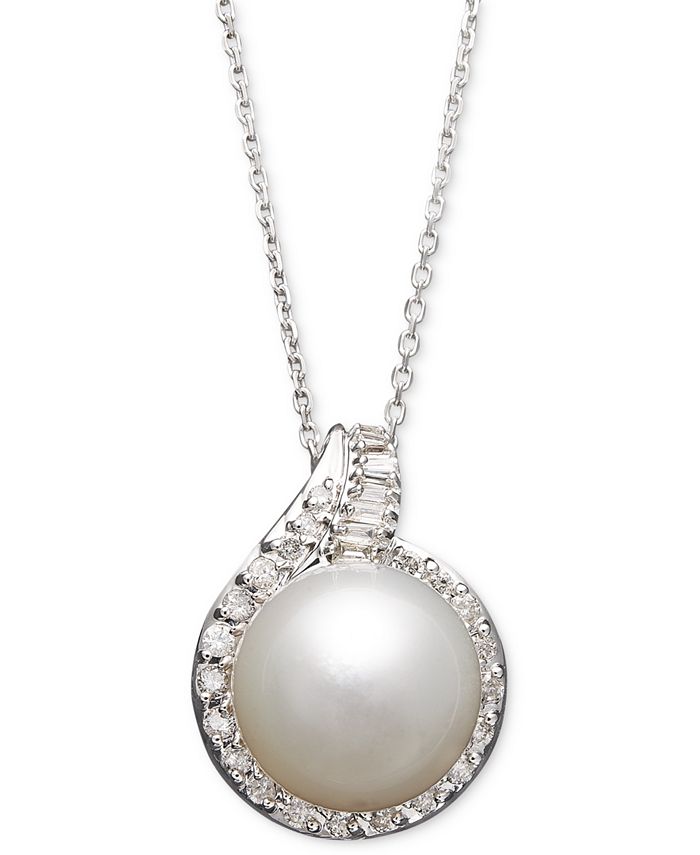 Macy's - 14k White Gold Necklace, Cultured South Sea Pearl (12mm) and Diamond (1/2 ct. t.w.) Pendant