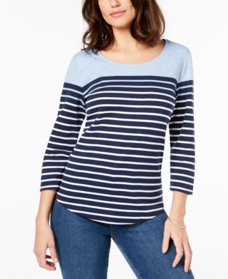 Karen Scott Striped Grommet-Detail T-Shirt, Created for Macy's - Macy's