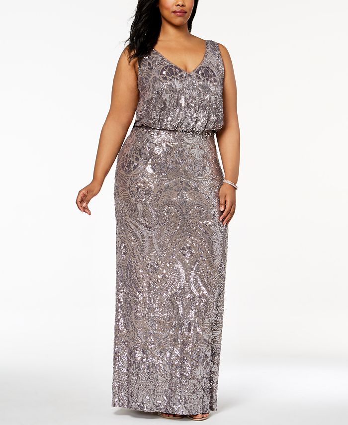 betsy & adam plus size galaxy glitter draped gown
