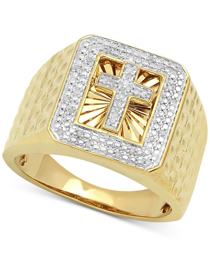 Macy's - Men's Diamond Cross Ring (1/10 ct. t.w.) in 18k Gold-Plated Sterling Silver